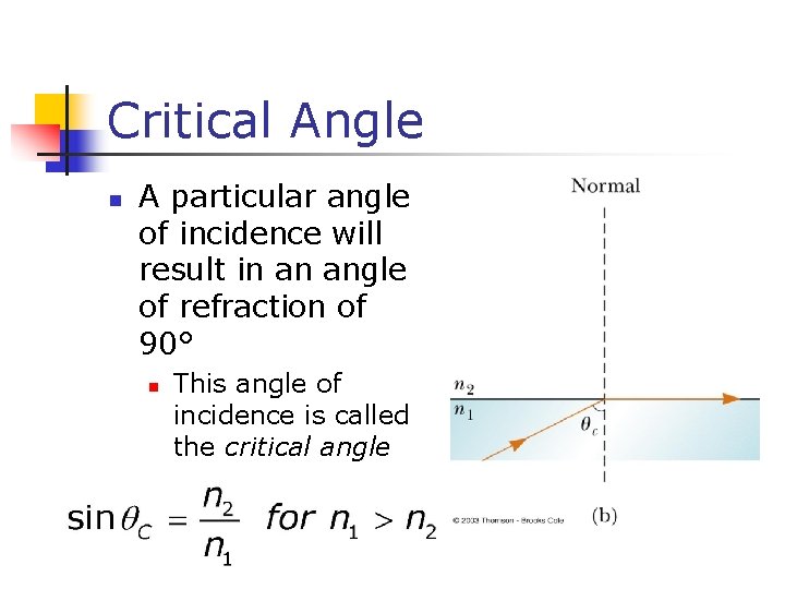 Critical Angle n A particular angle of incidence will result in an angle of