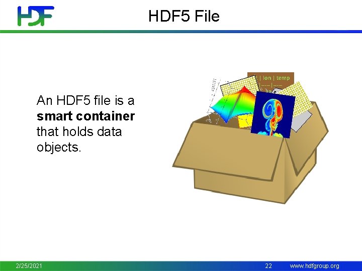 HDF 5 File An HDF 5 file is a smart container that holds data
