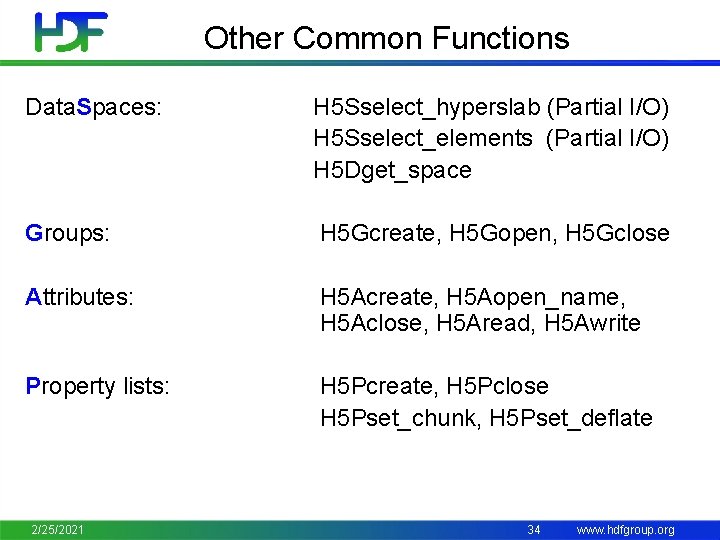Other Common Functions Data. Spaces: H 5 Sselect_hyperslab (Partial I/O) H 5 Sselect_elements (Partial