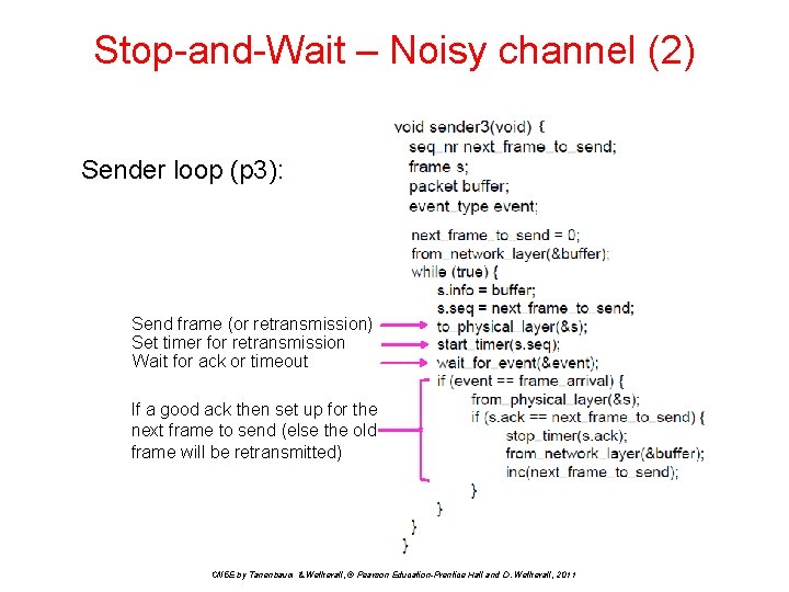 Stop-and-Wait – Noisy channel (2) { Sender loop (p 3): Send frame (or retransmission)