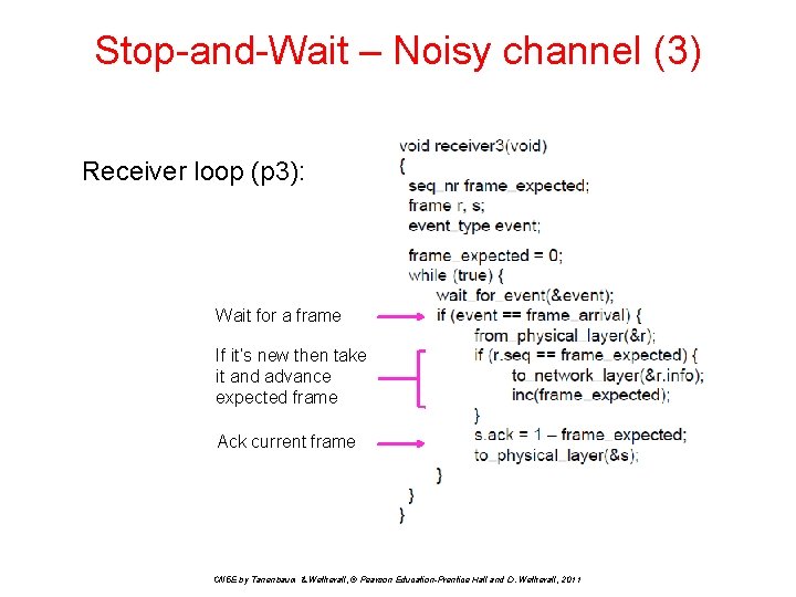 Stop-and-Wait – Noisy channel (3) Receiver loop (p 3): Wait for a frame If