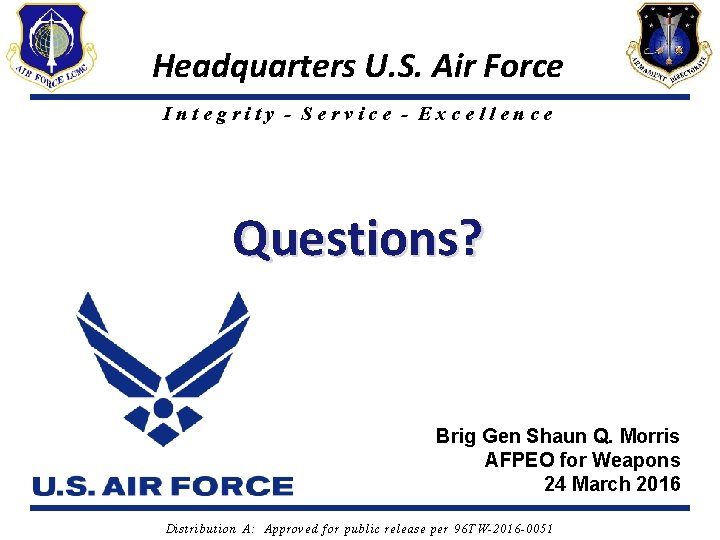 Headquarters U. S. Air Force Integrity - Service - Excellence Questions? Brig Gen Shaun