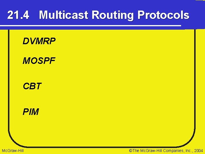 21. 4 Multicast Routing Protocols DVMRP MOSPF CBT PIM Mc. Graw-Hill ©The Mc. Graw-Hill
