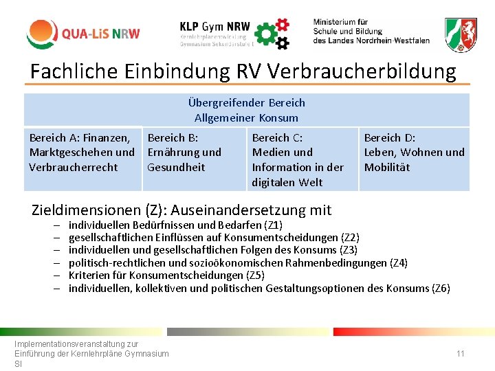 Fachliche Einbindung RV Verbraucherbildung Übergreifender Bereich Allgemeiner Konsum Bereich A: Finanzen, Bereich B: Marktgeschehen