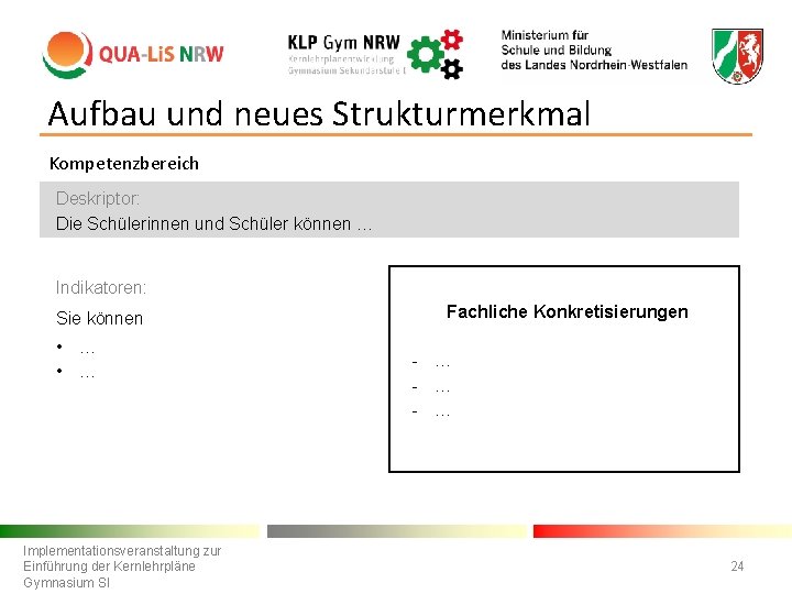 Aufbau und neues Strukturmerkmal Kompetenzbereich Deskriptor: Die Schülerinnen und Schüler können … Indikatoren: Sie