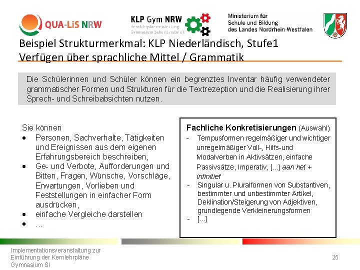 Beispiel Strukturmerkmal: KLP Niederländisch, Stufe 1 Verfügen über sprachliche Mittel / Grammatik Die Schülerinnen