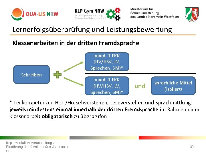 Lernerfolgsüberprüfung und Leistungsbewertung Klassenarbeiten in der dritten Fremdsprache mind. 1 FKK (HV/HSV, LV, Sprechen,