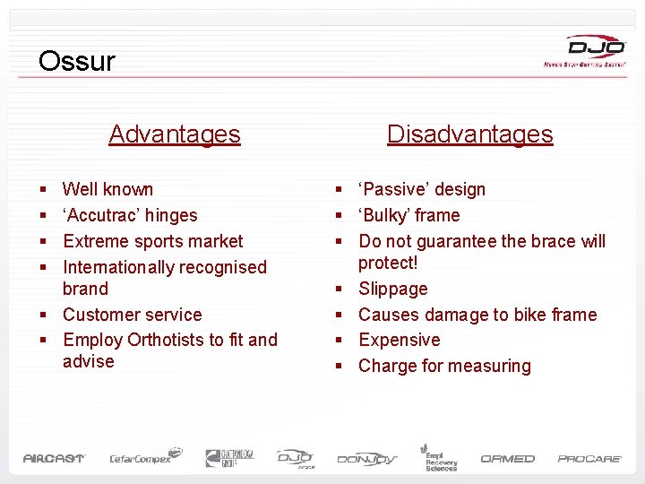 Ossur Advantages § § Well known ‘Accutrac’ hinges Extreme sports market Internationally recognised brand