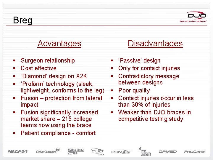 Breg Advantages § § Surgeon relationship Cost effective ‘Diamond’ design on X 2 K