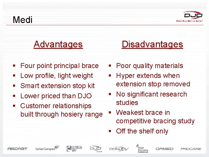 Medi Advantages § § § Four point principal brace Low profile, light weight Smart