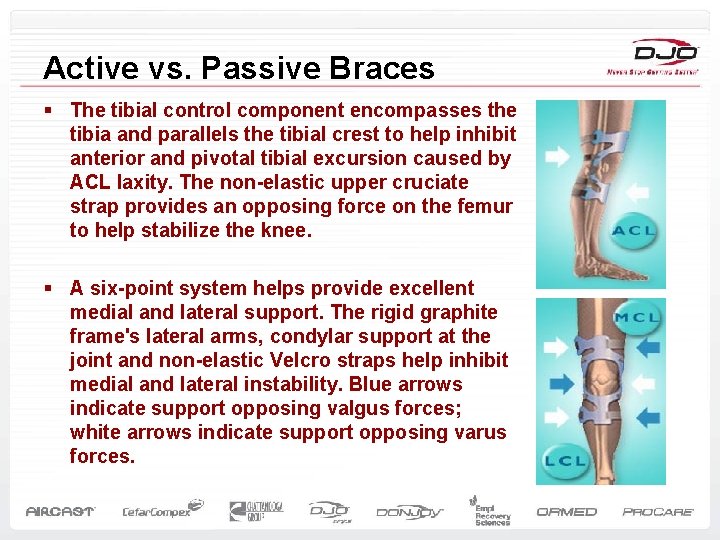 Active vs. Passive Braces § The tibial control component encompasses the tibia and parallels