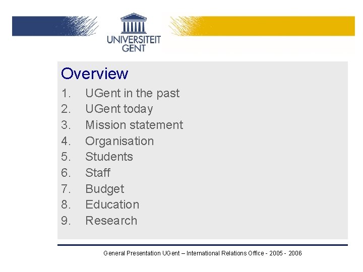 Overview 1. 2. 3. 4. 5. 6. 7. 8. 9. UGent in the past Overview 1. 2. 3. 4. 5. 6. 7. 8. 9. UGent in the past