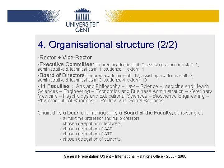 4. Organisational structure (2/2) -Rector + Vice-Rector -Executive Committee: tenured academic staff: 2, assisting 4. Organisational structure (2/2) -Rector + Vice-Rector -Executive Committee: tenured academic staff: 2, assisting