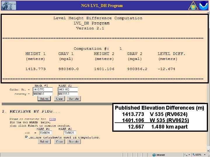 Published Elevation Differences (m) 1413. 773 V 535 (RV 0624) 1401. 106 W 535