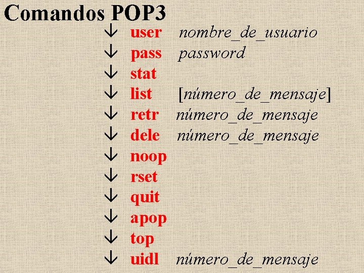Comandos POP 3 â â â user pass stat list retr dele noop rset