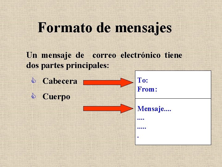 Formato de mensajes Un mensaje de correo electrónico tiene dos partes principales: C Cabecera