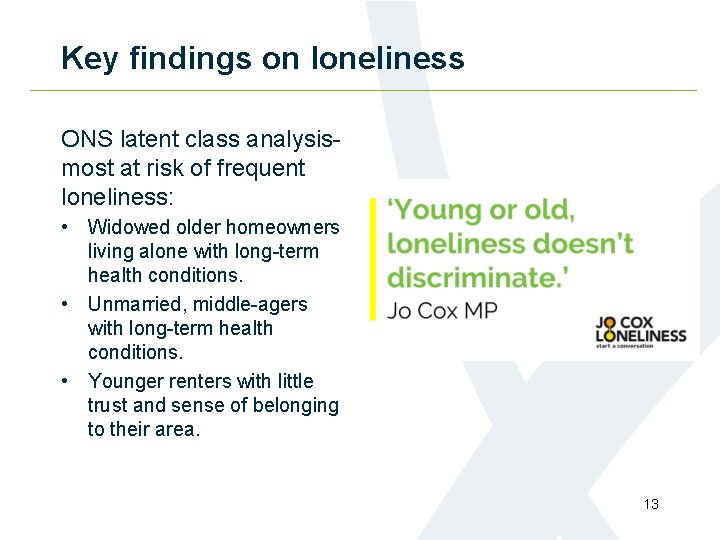 Key findings on loneliness ONS latent class analysismost at risk of frequent loneliness: •