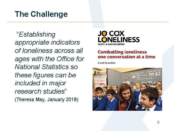 The Challenge “Establishing appropriate indicators of loneliness across all ages with the Office for