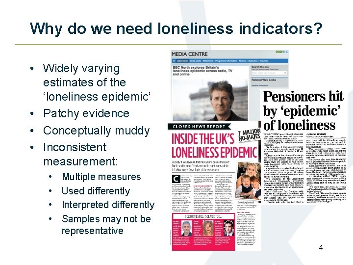 Why do we need loneliness indicators? • Widely varying estimates of the ‘loneliness epidemic’