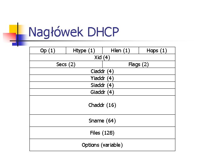 Nagłówek DHCP Op (1) Htype (1) Hlen (1) Hops (1) Xid (4) Secs (2) Nagłówek DHCP Op (1) Htype (1) Hlen (1) Hops (1) Xid (4) Secs (2)