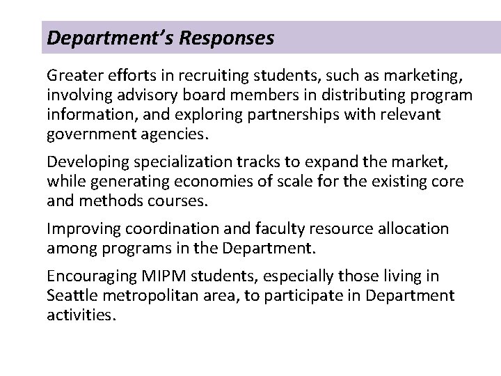 Department’s Responses Greater efforts in recruiting students, such as marketing, involving advisory board members