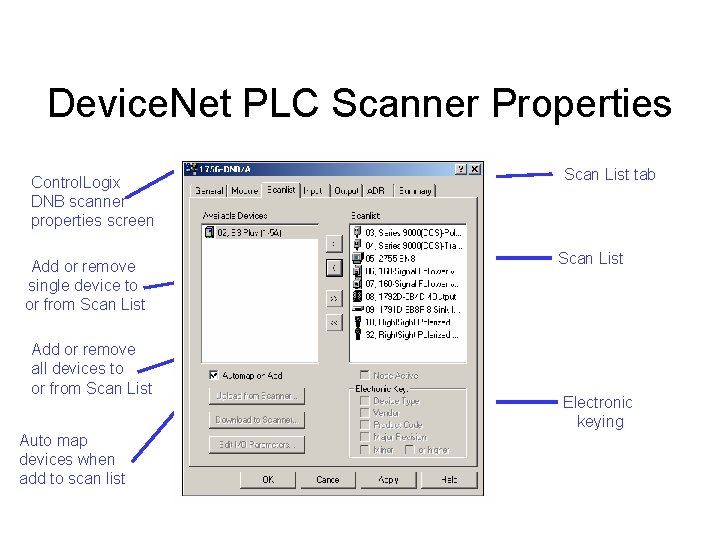 Device. Net PLC Scanner Properties Control. Logix DNB scanner properties screen Add or remove