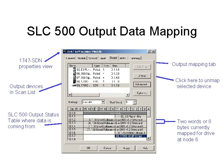 SLC 500 Output Data Mapping 1747 -SDN properties view Output devices in Scan List