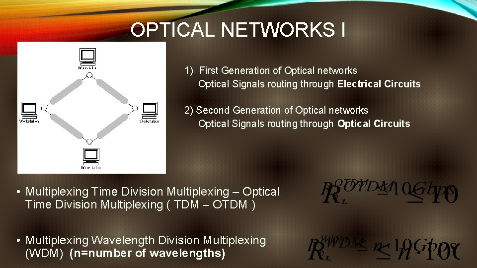 OPTICAL NETWORKS I 1) First Generation of Optical networks Optical Signals routing through Electrical