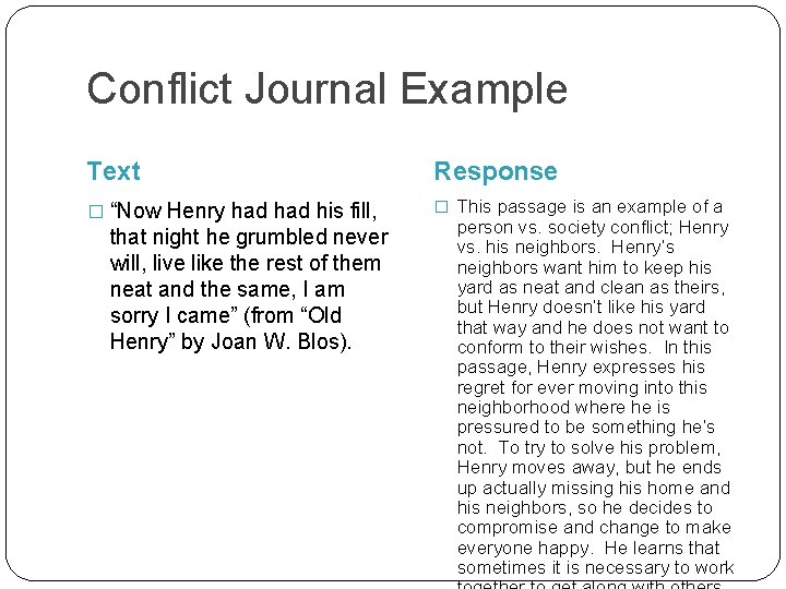 Conflict Journal Example Text Response � “Now Henry had his fill, � This passage Conflict Journal Example Text Response � “Now Henry had his fill, � This passage