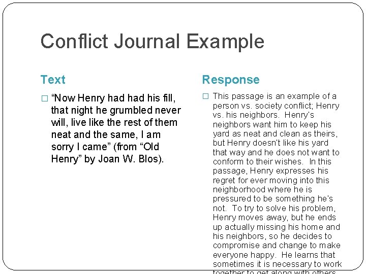 Conflict Journal Example Text Response � “Now Henry had his fill, � This passage