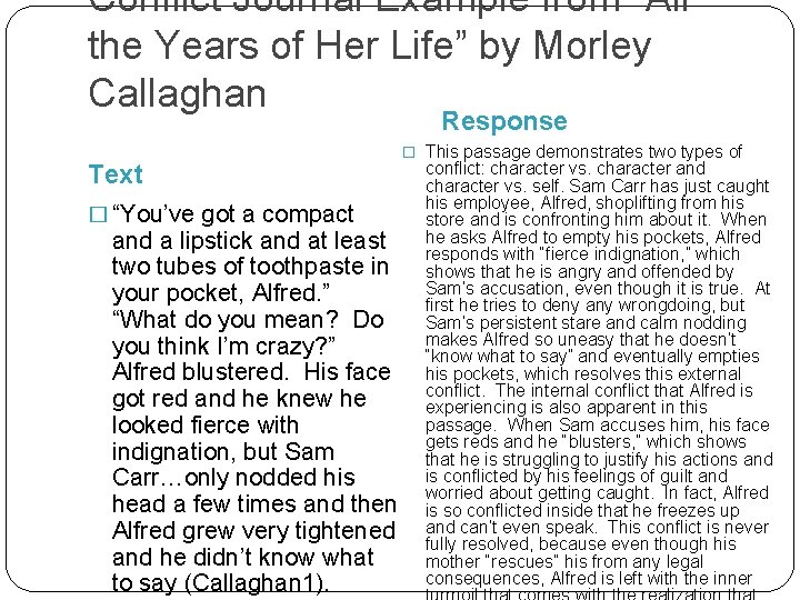 Conflict Journal Example from “All the Years of Her Life” by Morley Callaghan Response Conflict Journal Example from “All the Years of Her Life” by Morley Callaghan Response