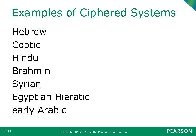 Examples of Ciphered Systems Hebrew Coptic Hindu Brahmin Syrian Egyptian Hieratic early Arabic 4.