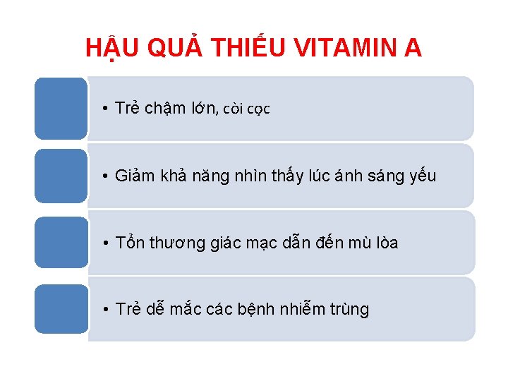HẬU QUẢ THIẾU VITAMIN A • Trẻ chậm lớn, còi cọc • Giảm khả HẬU QUẢ THIẾU VITAMIN A • Trẻ chậm lớn, còi cọc • Giảm khả
