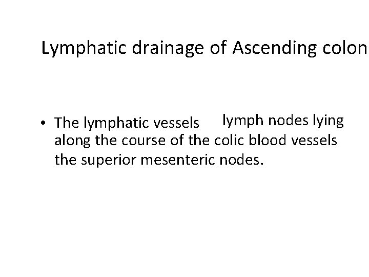 Lymphatic drainage of Ascending colon • The lymphatic vessels lymph nodes lying along the