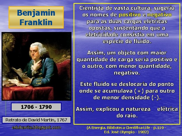Benjamin Franklin Cientista de vasta cultura, sugeriu os nomes de positivo e negativo os