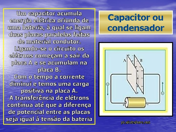 Um capacitor acumula energia elétrica oriunda de uma bateria, à qual se ligam duas