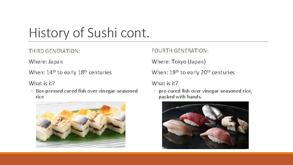 History of Sushi cont. THIRD GENERATION: FOURTH GENERATION: Where: Japan Where: Tokyo (Japan) When: