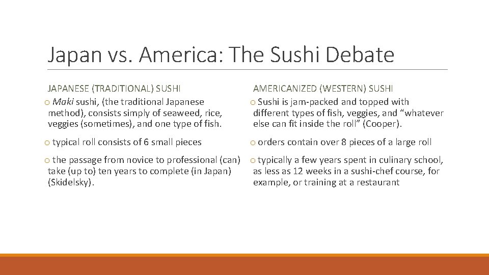 Japan vs. America: The Sushi Debate JAPANESE (TRADITIONAL) SUSHI o Maki sushi, (the traditional