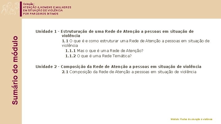 Sumário do módulo Coleção: ATENÇÃO A HOMENS E MULHERES EM SITUAÇÃO DE VIOLÊNCIA POR