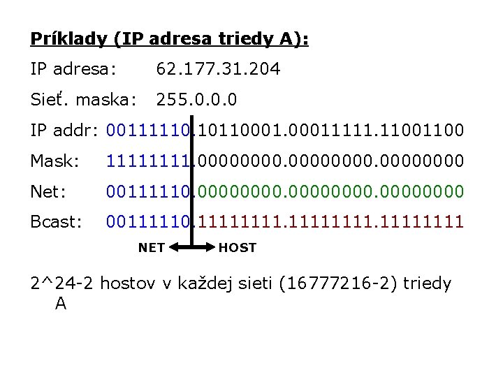 Príklady (IP adresa triedy A): IP adresa: 62. 177. 31. 204 Sieť. maska: 255.