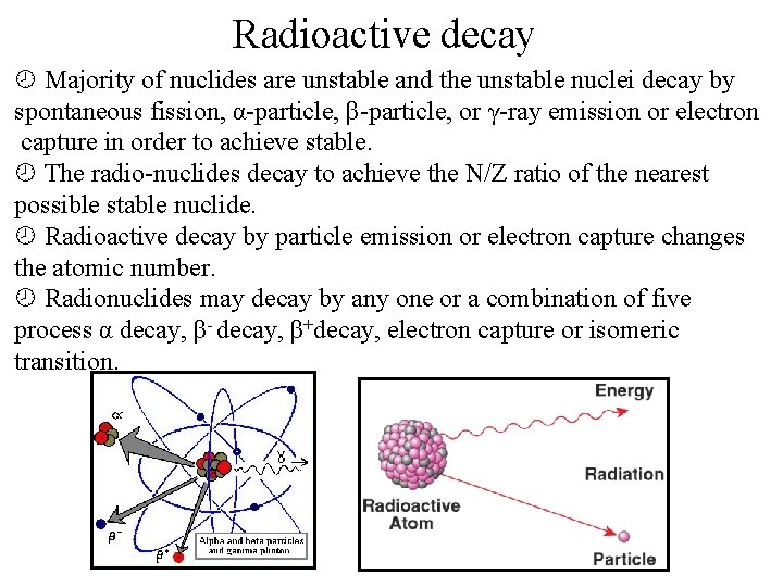 Radioactive decay Majority of nuclides are unstable and the unstable nuclei decay by spontaneous Radioactive decay Majority of nuclides are unstable and the unstable nuclei decay by spontaneous