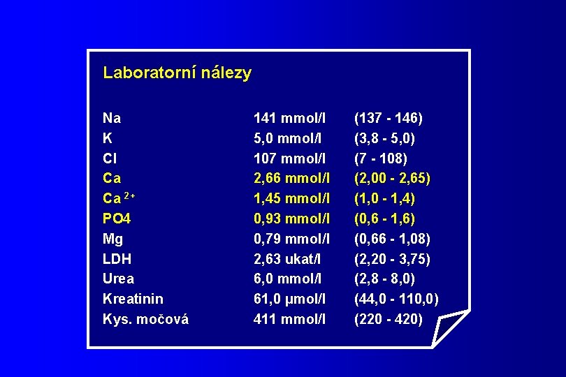 Laboratorní nálezy Na K Cl Ca Ca 2+ PO 4 Mg LDH Urea Kreatinin