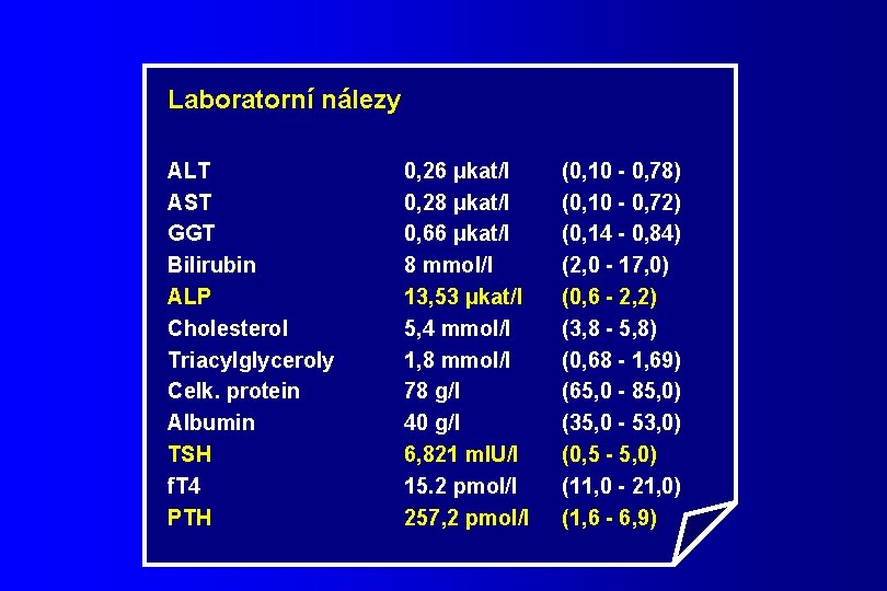 Laboratorní nálezy ALT AST GGT Bilirubin ALP Cholesterol Triacylglyceroly Celk. protein Albumin TSH f.