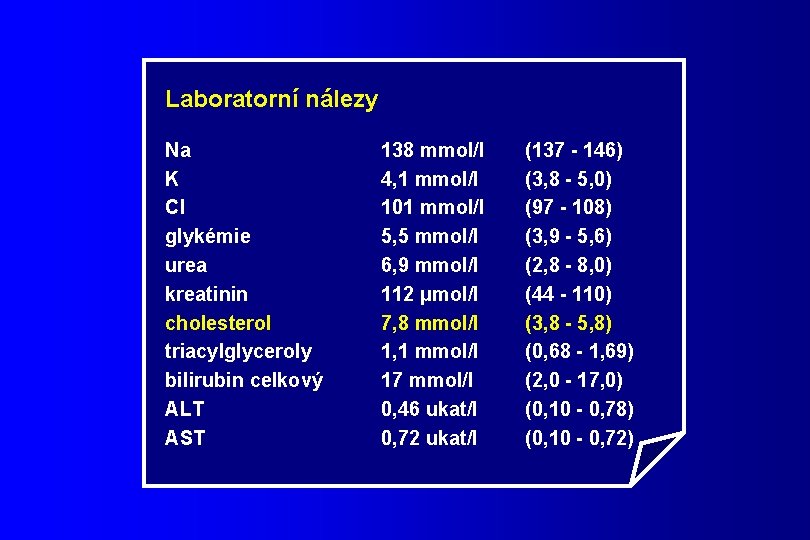Laboratorní nálezy Na K Cl glykémie urea kreatinin cholesterol triacylglyceroly bilirubin celkový ALT AST