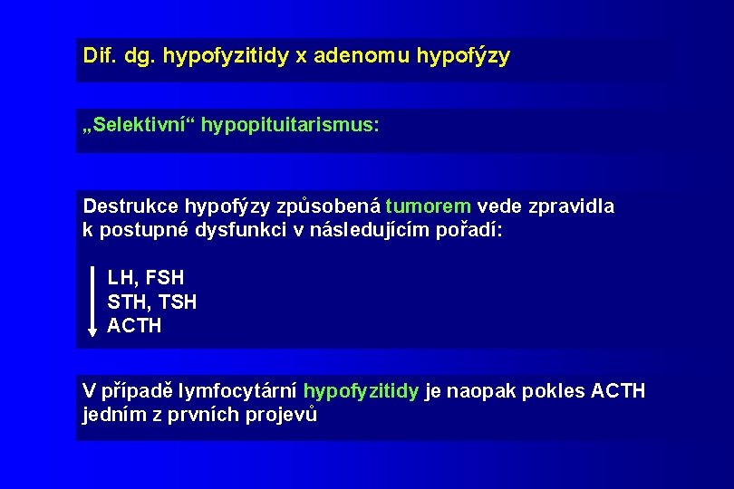 Dif. dg. hypofyzitidy x adenomu hypofýzy „Selektivní“ hypopituitarismus: Destrukce hypofýzy způsobená tumorem vede zpravidla