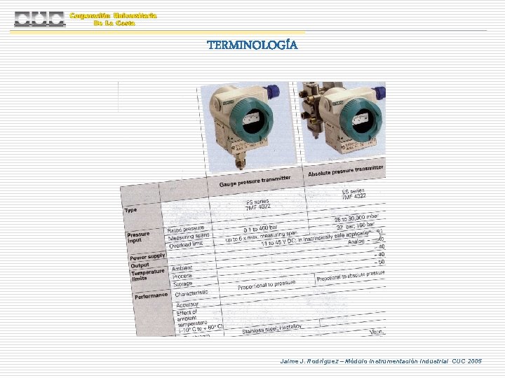 TERMINOLOGÍA Jaime J. Rodríguez – Módulo Instrumentación Industrial CUC 2005 TERMINOLOGÍA Jaime J. Rodríguez – Módulo Instrumentación Industrial CUC 2005