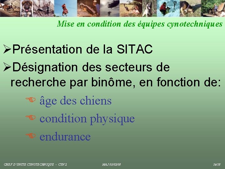 Mise en condition des équipes cynotechniques ØPrésentation de la SITAC ØDésignation des secteurs de