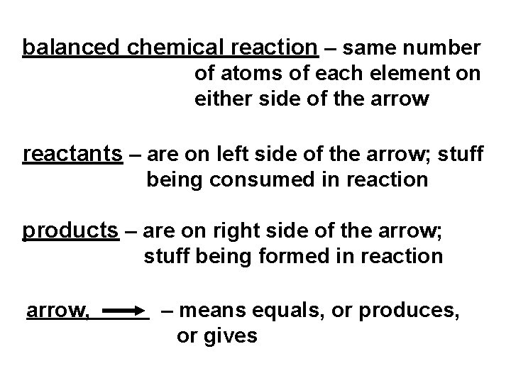 balanced chemical reaction – same number of atoms of each element on either side