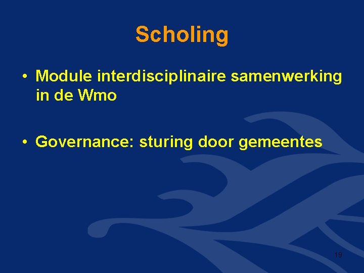 Scholing • Module interdisciplinaire samenwerking in de Wmo • Governance: sturing door gemeentes 19