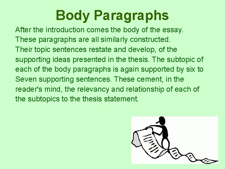 Body Paragraphs After the introduction comes the body of the essay. These paragraphs are